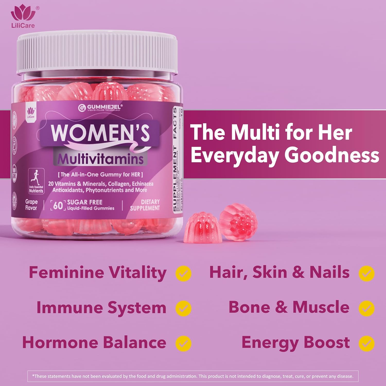 LILICARE Multivitamínico para Mujeres Gominolas - Sin Azúcar, Con Metilfolato, Biotina y Colágeno