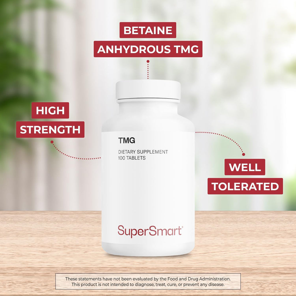 Supersmart TMG 2250 mg (Alta Potencia) - Trimetilglicina Betaína Anhidra - 100 Comprimidos