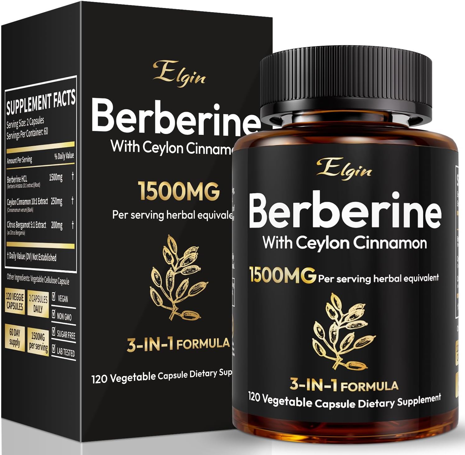 Berberina HCL 1500mg con Canela de Ceilán y Bergamota Cítrica | Fórmula de Triple Acción para Apoyo Metabólico | Cápsulas Veganas, 120 unidades