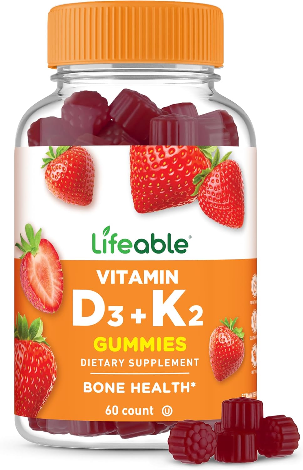 Lifeable Vitamina D3 y K2 Gominolas para Adultos | 1000 UI D3 + 100 mcg K2 | Sabor Fresa | 60 Gominolas