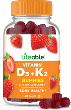 Lifeable Vitamina D3 y K2 Gominolas para Adultos | 1000 UI D3 + 100 mcg K2 | Sabor Fresa | 60 Gominolas