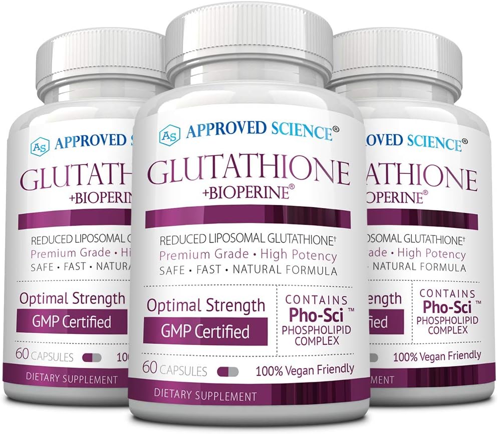 Approved Science® Glutatión 500 mg - Complejo de Fosfolípidos, Vitamina C y Bioperina - 180 Cápsulas (3 Envases de 60)