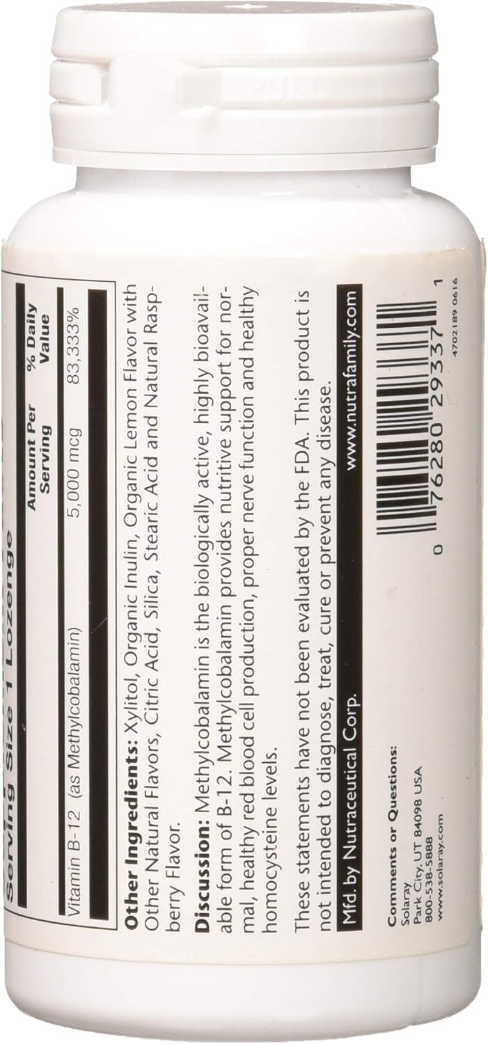 SOLARAY Methyl B12 5000 mcg - Pastillas de Metilcobalamina Sabor Limón, 60 unidades