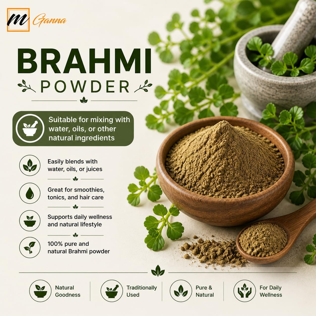 mGanna Brahmi en Polvo 100% Puro y Natural 100 g - Bacopa Monnieri