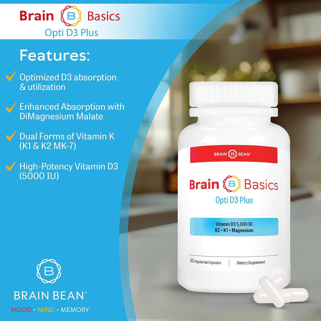 Brain Basic Opti D3 Plus - Vitamina D3 5000 UI con K1, K2 y Magnesio - Apoyo para Huesos, Músculos e Inmunidad