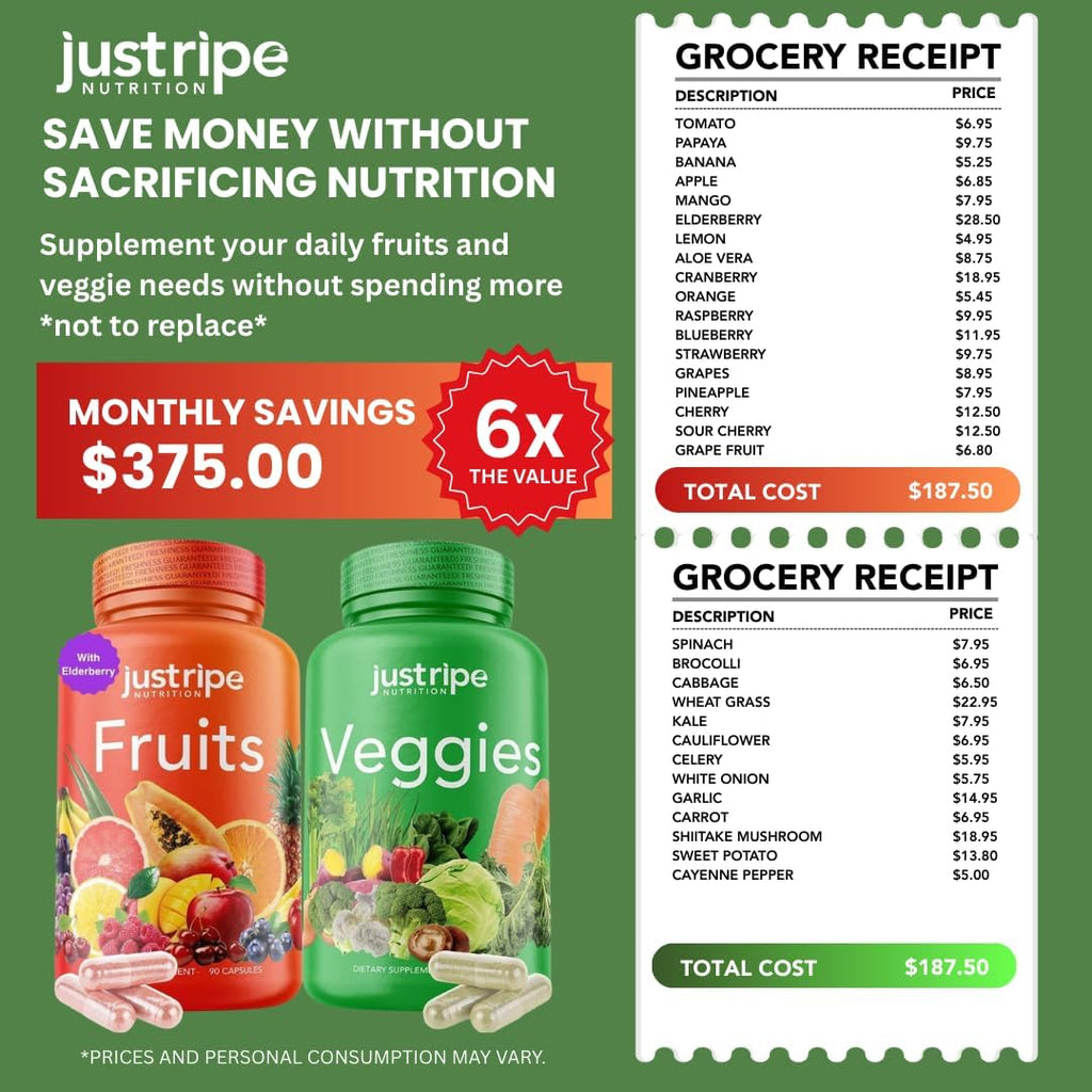 Just Ripe Nutrition - Suplemento de Frutas y Verduras, 180 Cápsulas (90 Frutas + 90 Verduras)