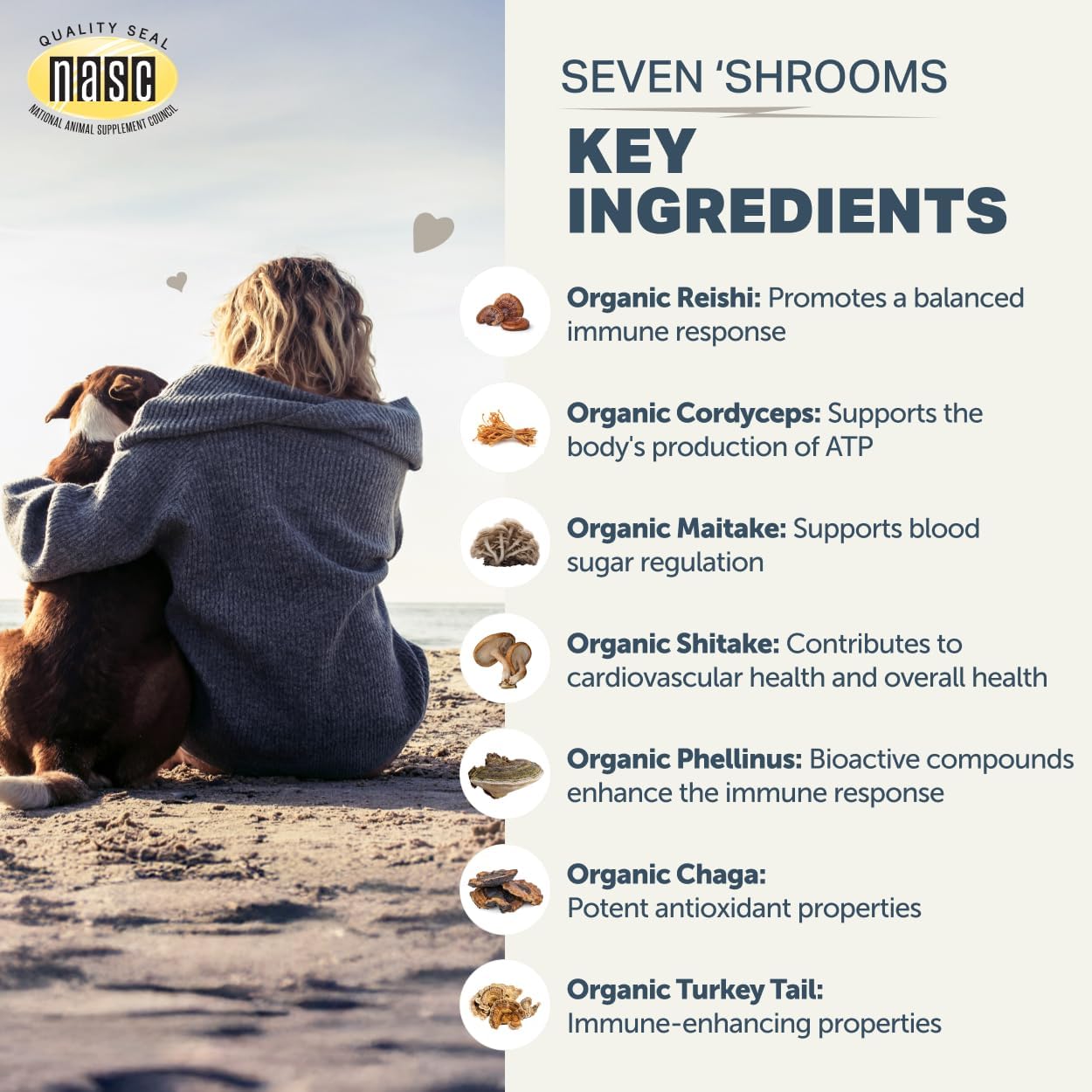 Seven Shrooms - Suplemento Orgánico de Setas para Perros (7 Setas Enteras: Turkey Tail, Reishi, Cordyceps, Shiitake, Maitake) - Polvo de Apoyo Inmunitario con Beta-Glucanos, Formulado por Veterinarios