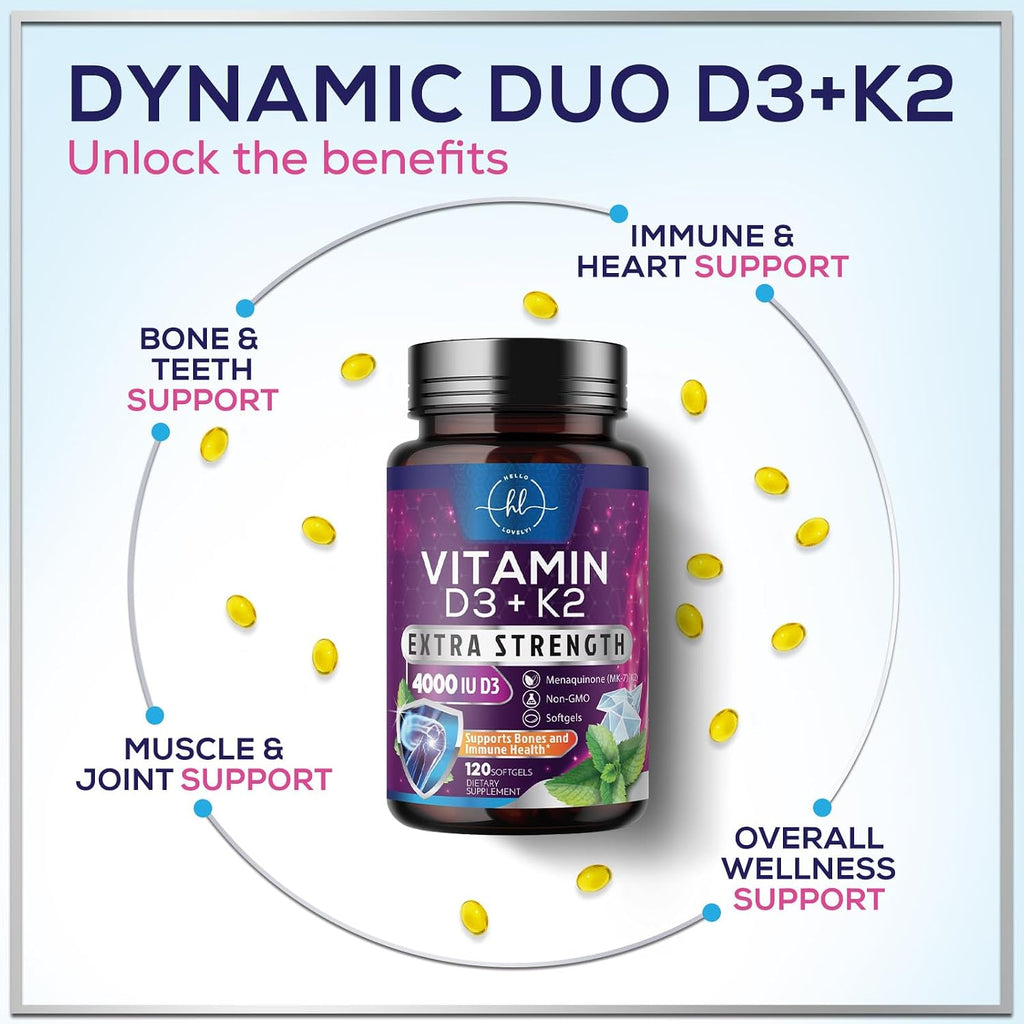 Hello Lovely! Vitamina D3 con K2 (MK-7) - 4000 IU (100 mcg) por porción - 120 Cápsulas Blandas