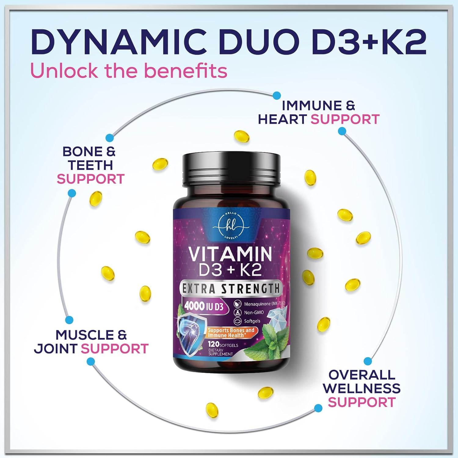 Hello Lovely! Vitamina D3 con K2 (MK-7) - 4000 IU (100 mcg) por porción - 120 Cápsulas Blandas
