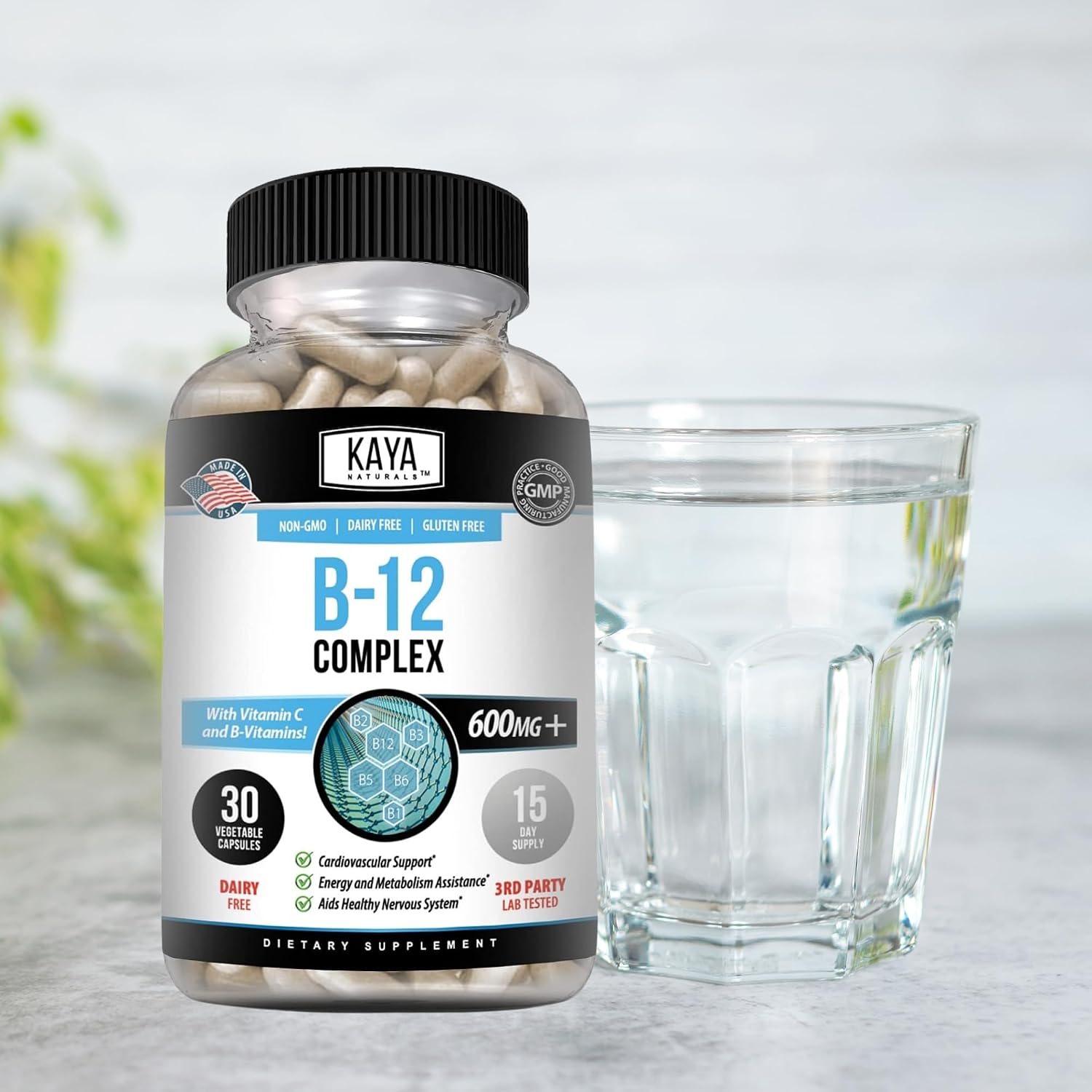 Kaya Naturals B-12 Complex | Complejo B con Biotina, Colina, Inositol, Folato y Vitamina C - 30 Cápsulas