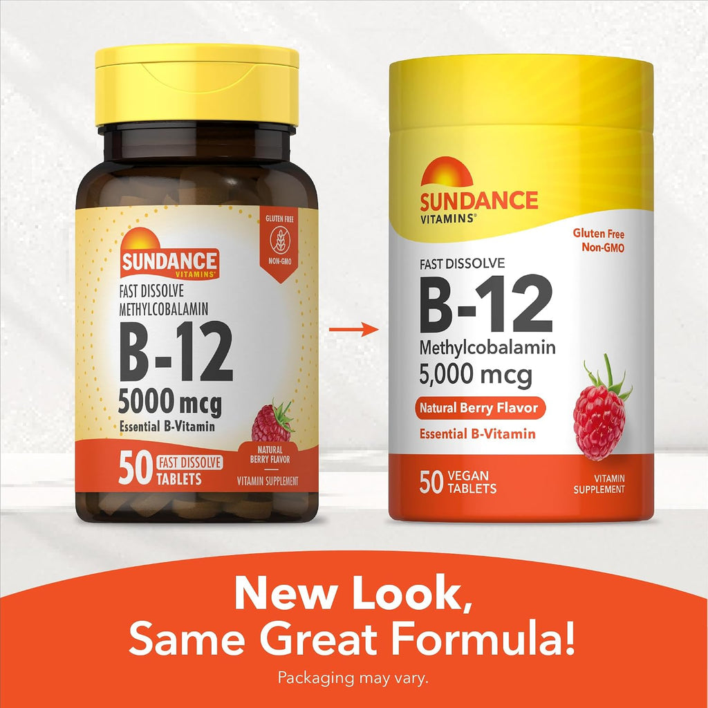 Sundance Vitamina B12 Comprimidos de Disolución Rápida | 5000 mcg | 50 Comprimidos | Metilcobalamina | Sabor Natural a Bayas | Vegano, Sin OGM y Sin Gluten