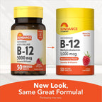 Sundance Vitamina B12 Comprimidos de Disolución Rápida | 5000 mcg | 50 Comprimidos | Metilcobalamina | Sabor Natural a Bayas | Vegano, Sin OGM y Sin Gluten