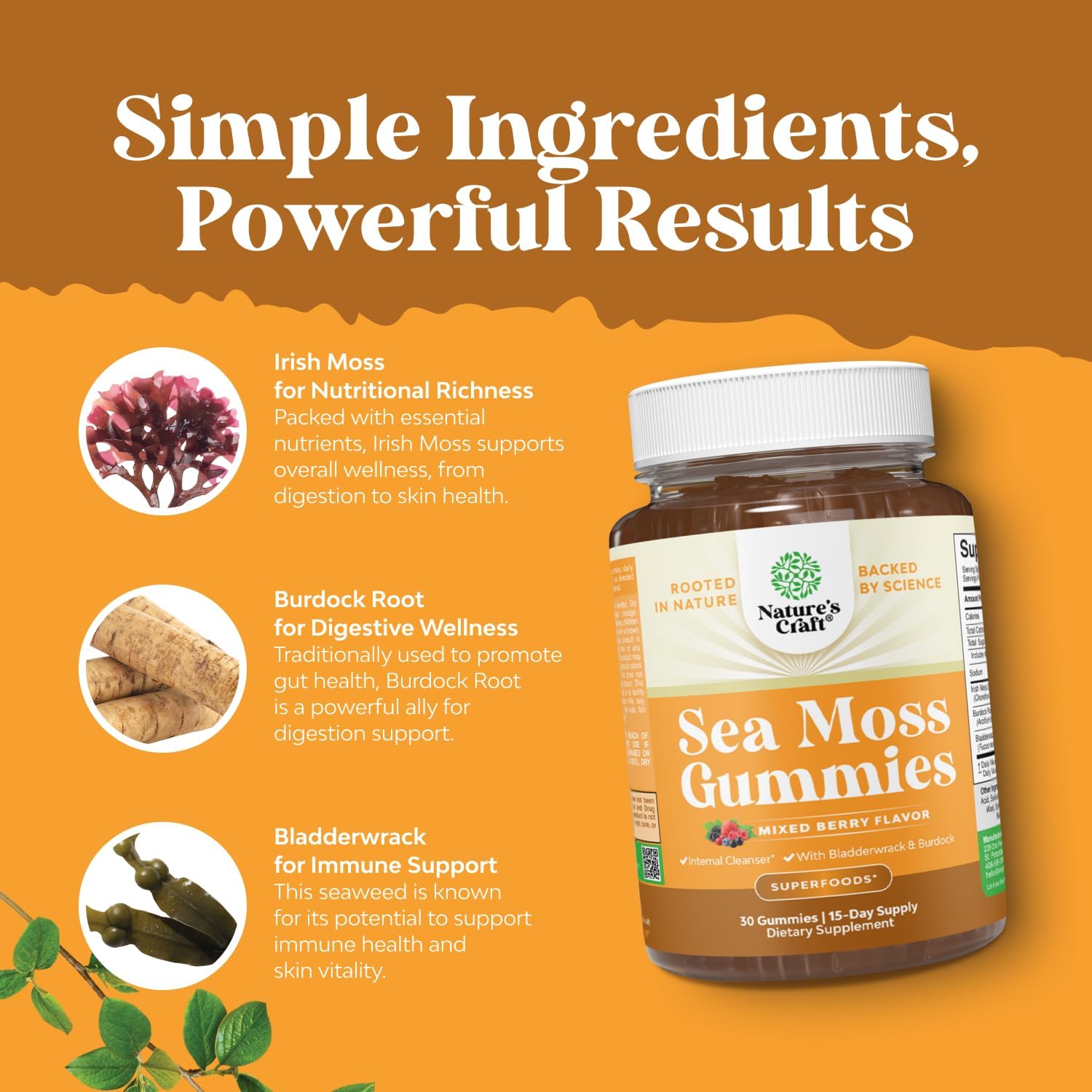 Gominolas de Sea Moss para Adultos y Niños - Veganas, con Burdock y Bladderwrack - Sabor a Bayas - 30 Unidades