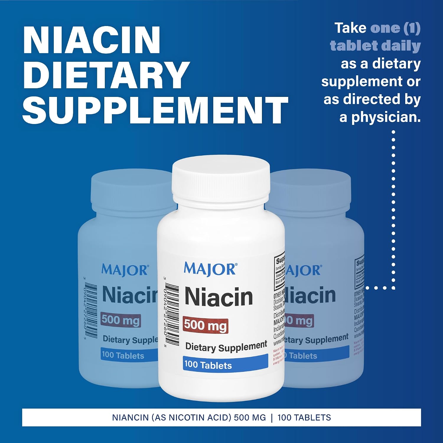 Major Niacin 500mg - Suplemento Alimenticio - 100 Comprimidos