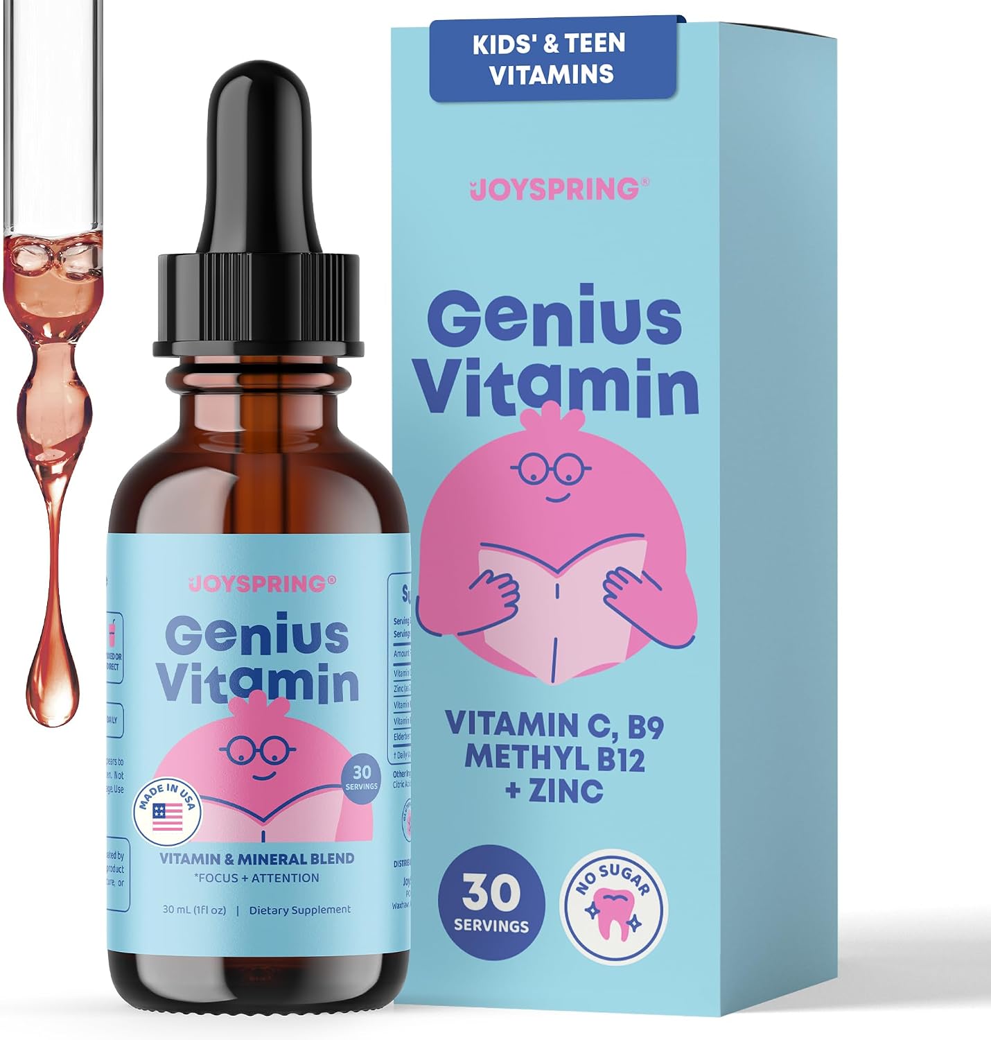JoySpring Kids B Complex | Gotas líquidas de complejo B con saúco, zinc y vitamina C | Apoyo para el bienestar general (30 ml)