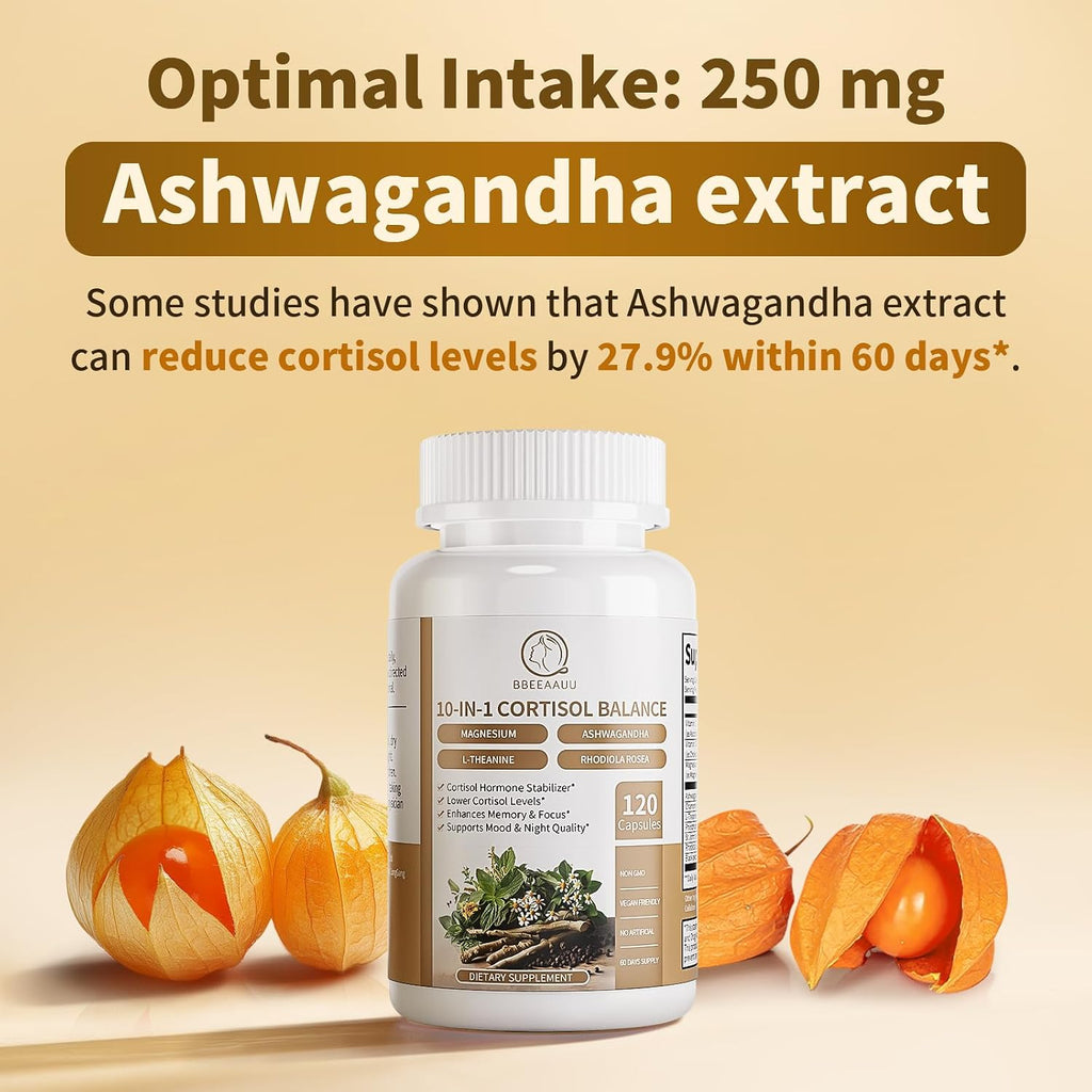 2 Pack Suplemento de Cortisol para Mujeres y Hombres - 10-en-1 Reductor de Cortisol con Ashwagandha y Magnesio - 120 Cápsulas