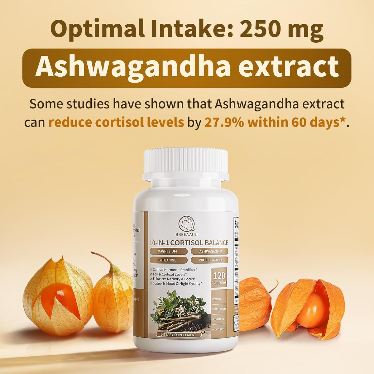 2 Pack Suplemento de Cortisol para Mujeres y Hombres - 10-en-1 Reductor de Cortisol con Ashwagandha y Magnesio - 120 Cápsulas - görsel 9