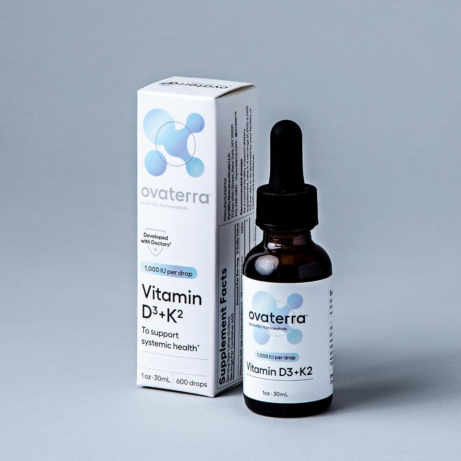 Ovaterra Vitamin D3 & K2 Liquid Drops - 1.000 UI D3 + 25 mcg K2 MK-7, Sabor Limón Natural, 600 Gotas - 10 Meses de Suministro