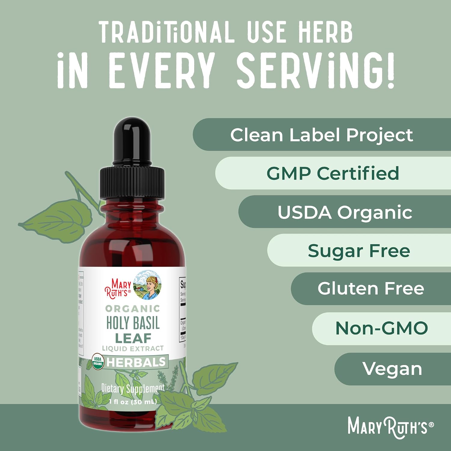 Gotas Orgánicas de Albahaca Sagrada (Holy Basil) de MaryRuth's | 590 mg | Extracto Líquido | Vegano | Sin Gluten | 30 ml