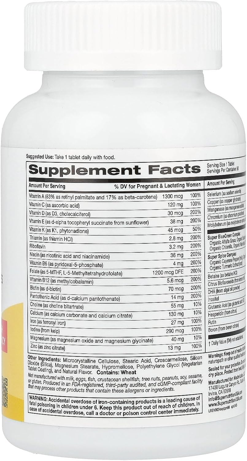 SuperNutrition Simply One® Multivitamínico Prenatal con Super Greens, Especias, Vitamina A y Folato, 90 Comprimidos