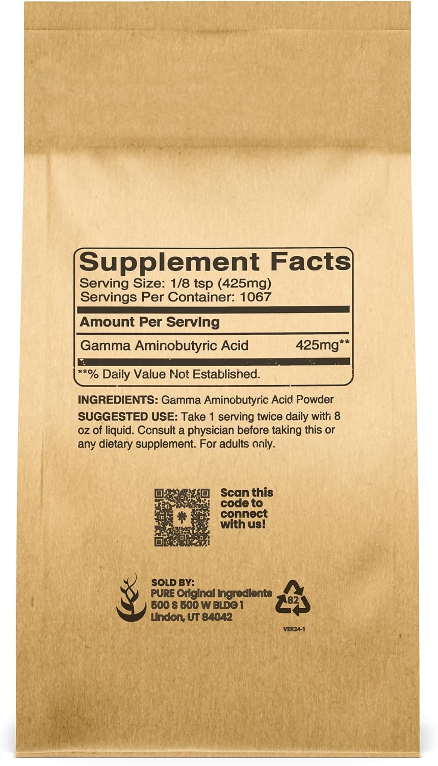 Pure Original Ingredients Gamma Aminobutyric Acid (GABA) en Polvo (1 Lb) - Puro, Sin Rellenos Ni Aditivos, Verificado en Laboratorio