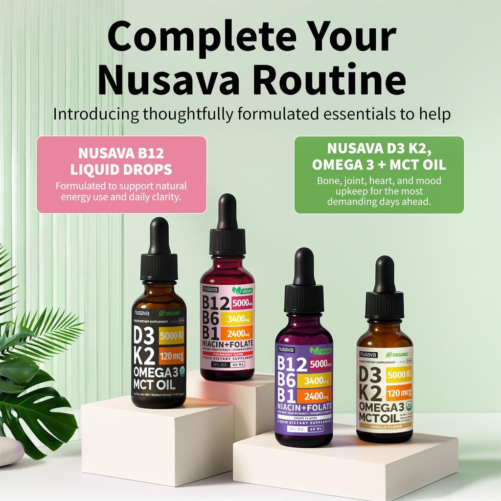 NUSAVA (Pack de 2) Gotas Líquidas de Vitamina B12 5000mcg - B12 Sublingual con B6 y Complejo B - Metilcobalamina para Mujeres y Hombres - Suplemento Vegano, No GMO, Sabor Fresa (2 Fl Oz, 80 Porciones)