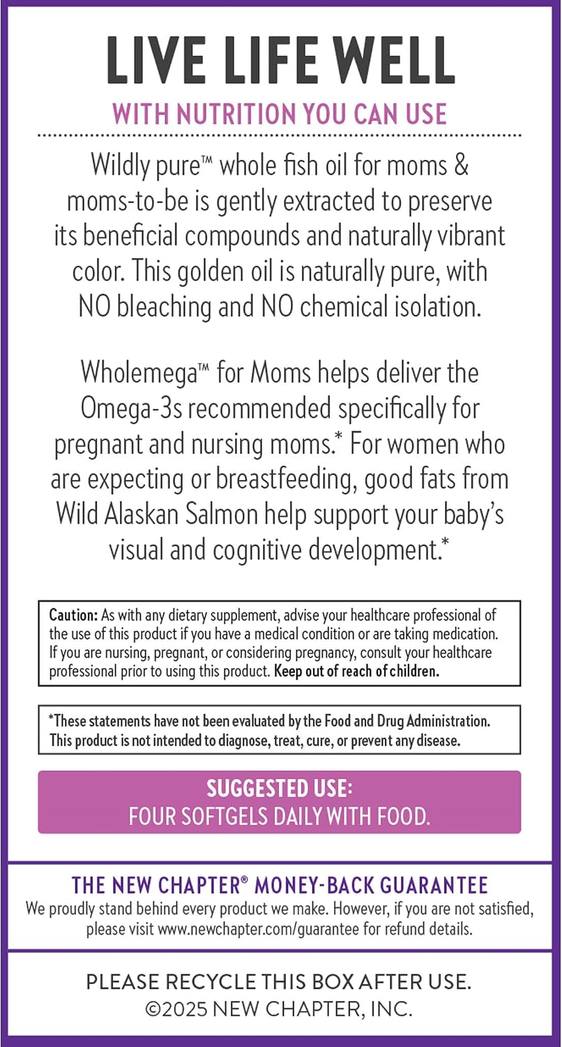 New Chapter Wholemega for Moms – Aceite de Salmón Salvaje con DHA + Vitamina D3, 180 Cápsulas