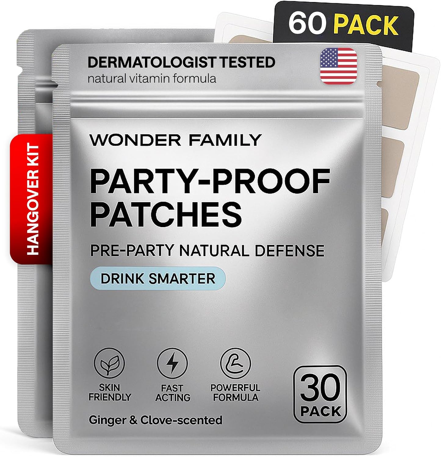 WONDER FAMILY Recovery Patches for Women & Men – Clear Mornings After Parties and Nights Out – Contain Vitamins A, C, D, E, & B, Ashwagandha, Boswellia, Glutathione, Milk Thistle Extract (Grey)