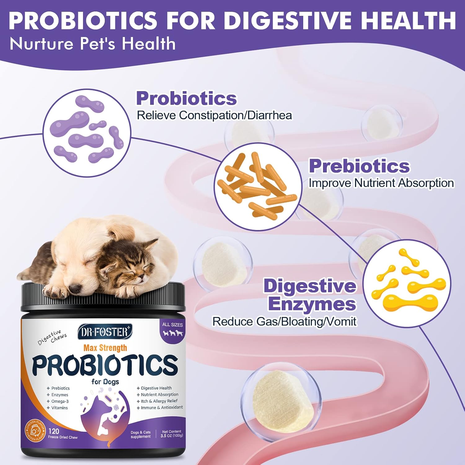 Probióticos para Perros Liofilizados con Enzimas Digestivas y Omega-3, 120 Bocados