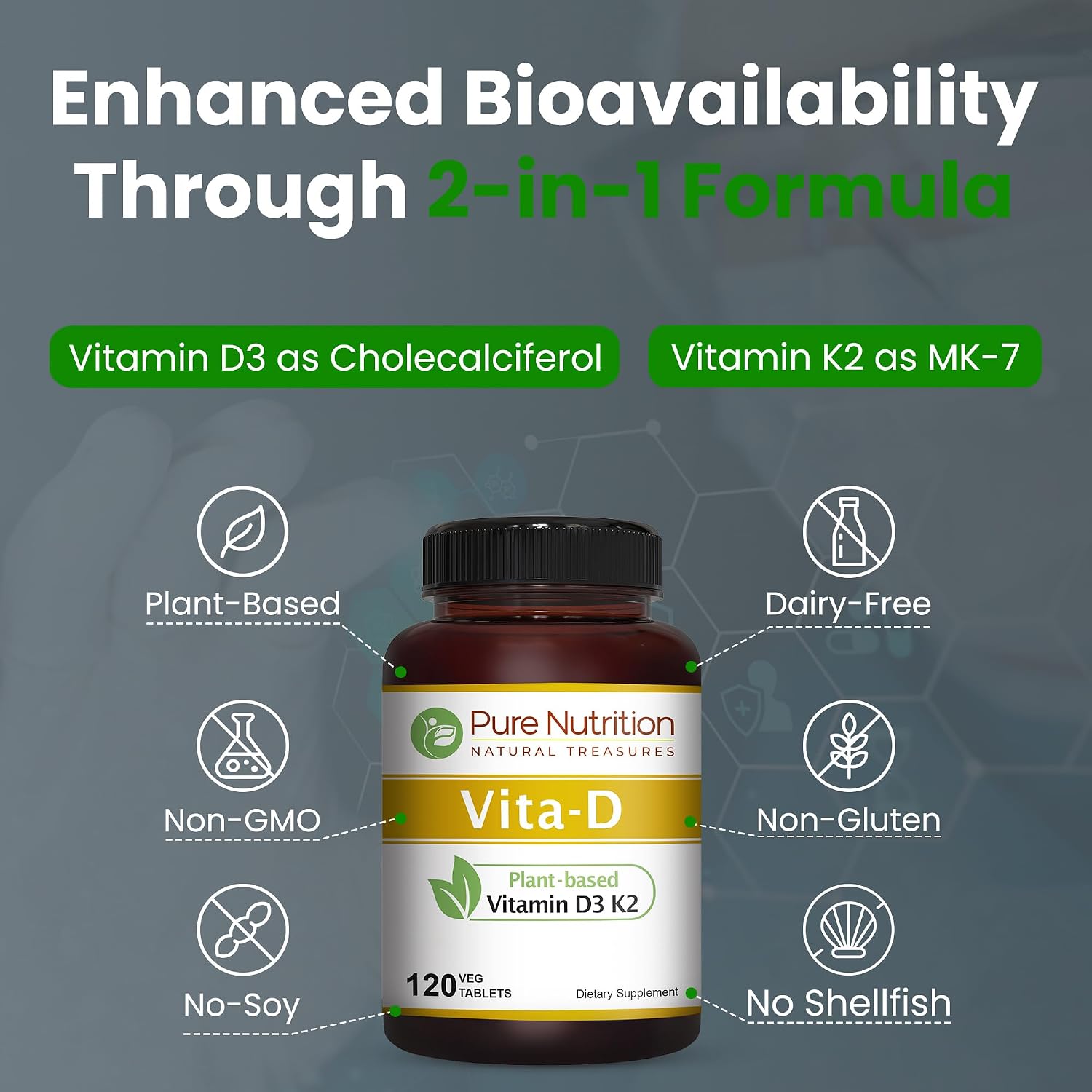 Pure Nutrition Vitamina D3 + K2 MK-7 | 120 Comprimidos Veganos | 6000 UI D3 + 100 mcg K2