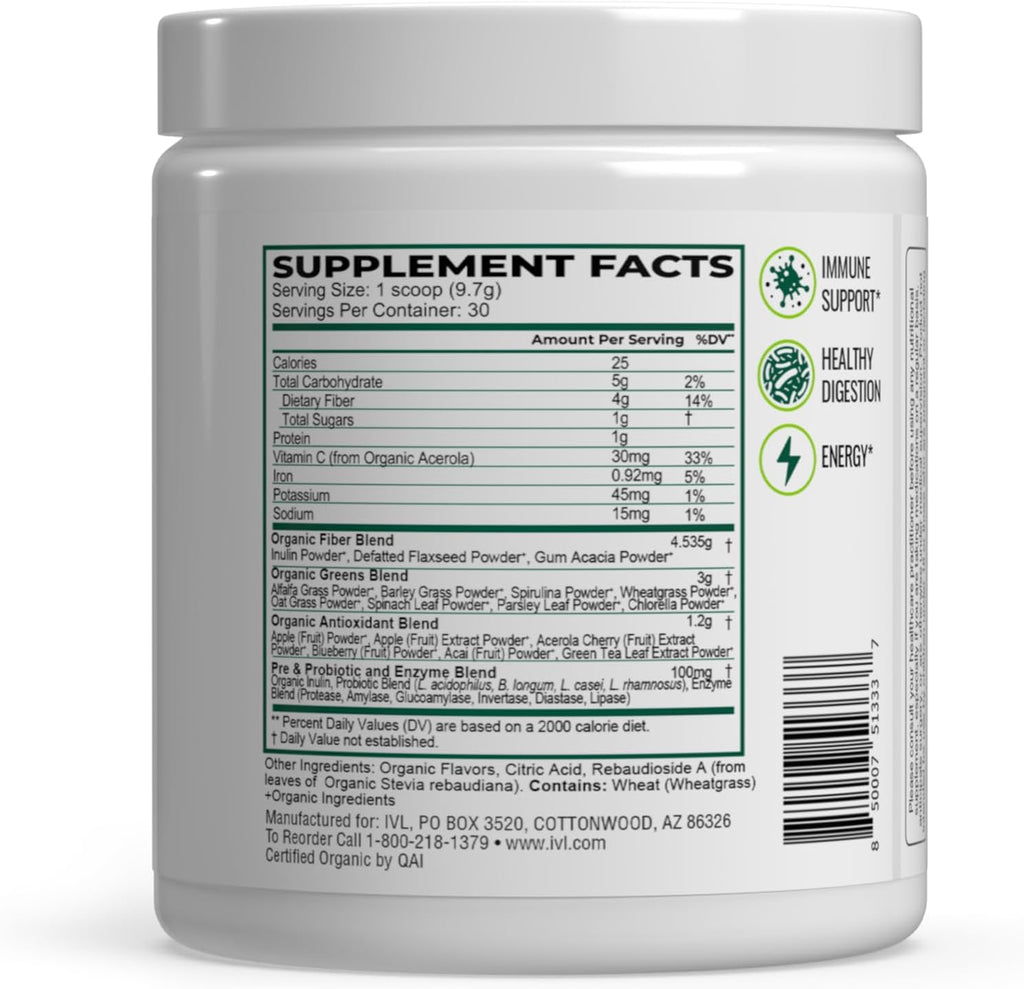 IVL Organic Greens - Superalimento Orgánico en Polvo - 30 Raciones