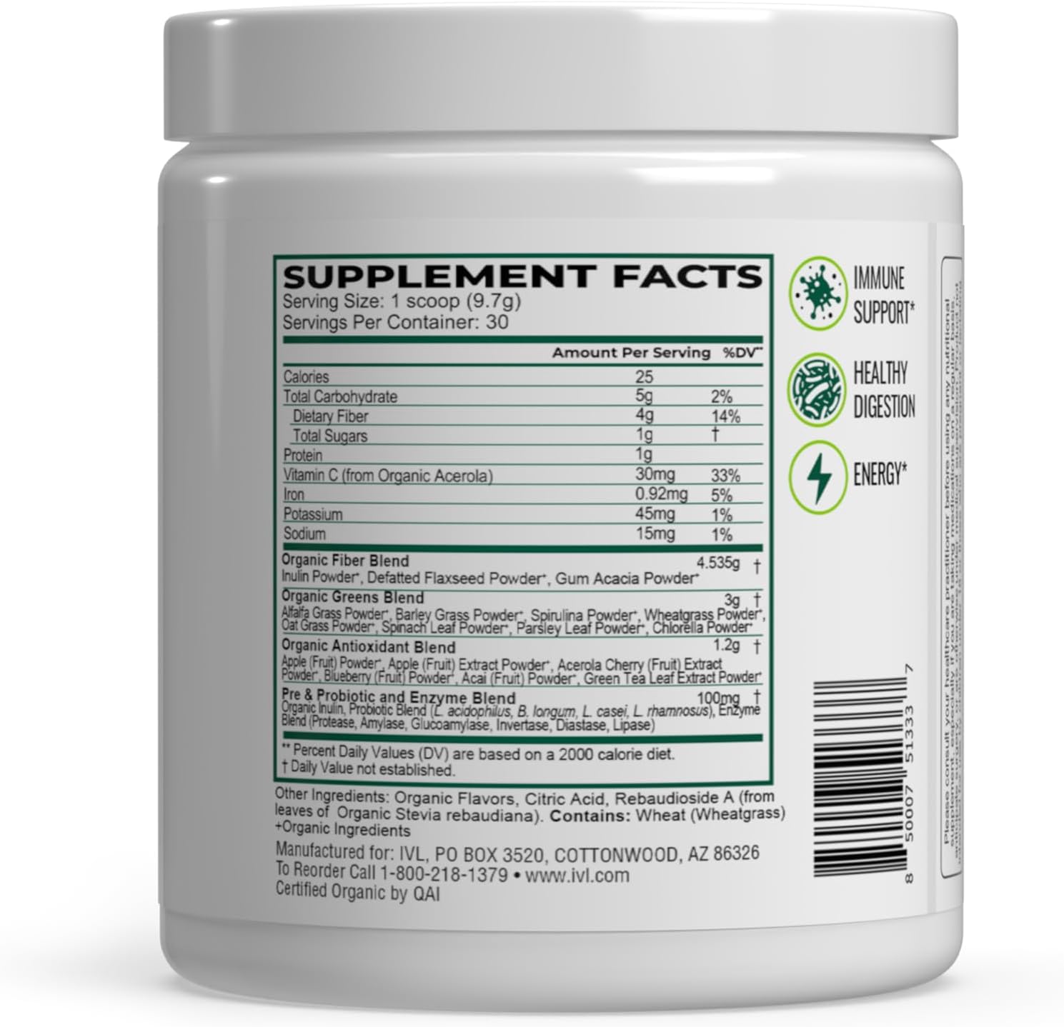 IVL Organic Greens - Superalimento Orgánico en Polvo - 30 Raciones
