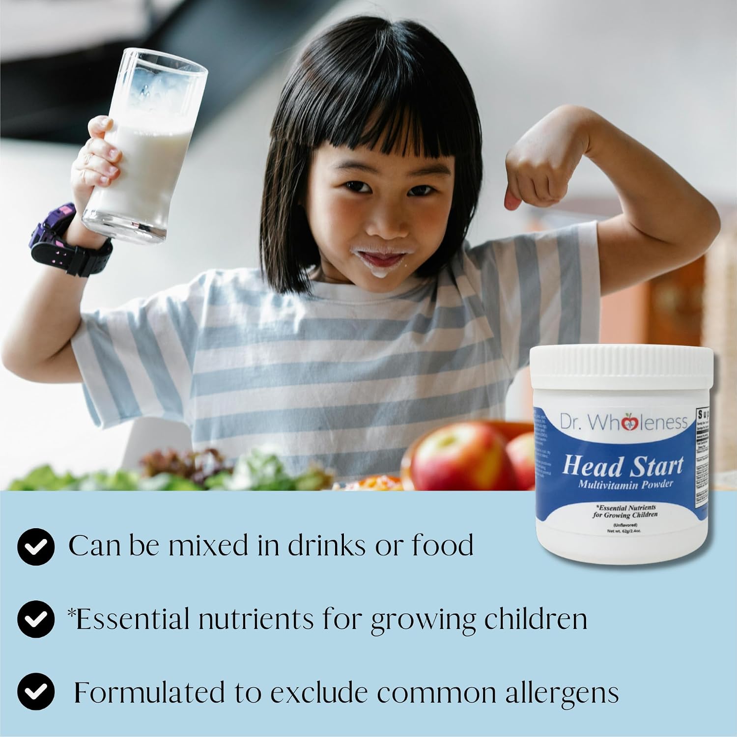 Dr. Wholeness Head Start Multivitamin Powder | Nutrientes esenciales para niños en crecimiento, vitaminas B metiladas, fácil de mezclar, sin sabores, edulcorantes ni conservantes | 60 dosis - 68 g