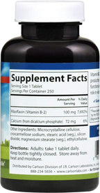 Carlson B-2, 100 mg de Riboflavina, Producción de Energía, Visión y Piel Sana, 250 Comprimidos Vegetarianos