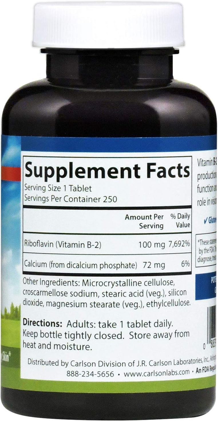 Carlson B-2, 100 mg de Riboflavina, Producción de Energía, Visión y Piel Sana, 250 Comprimidos Vegetarianos