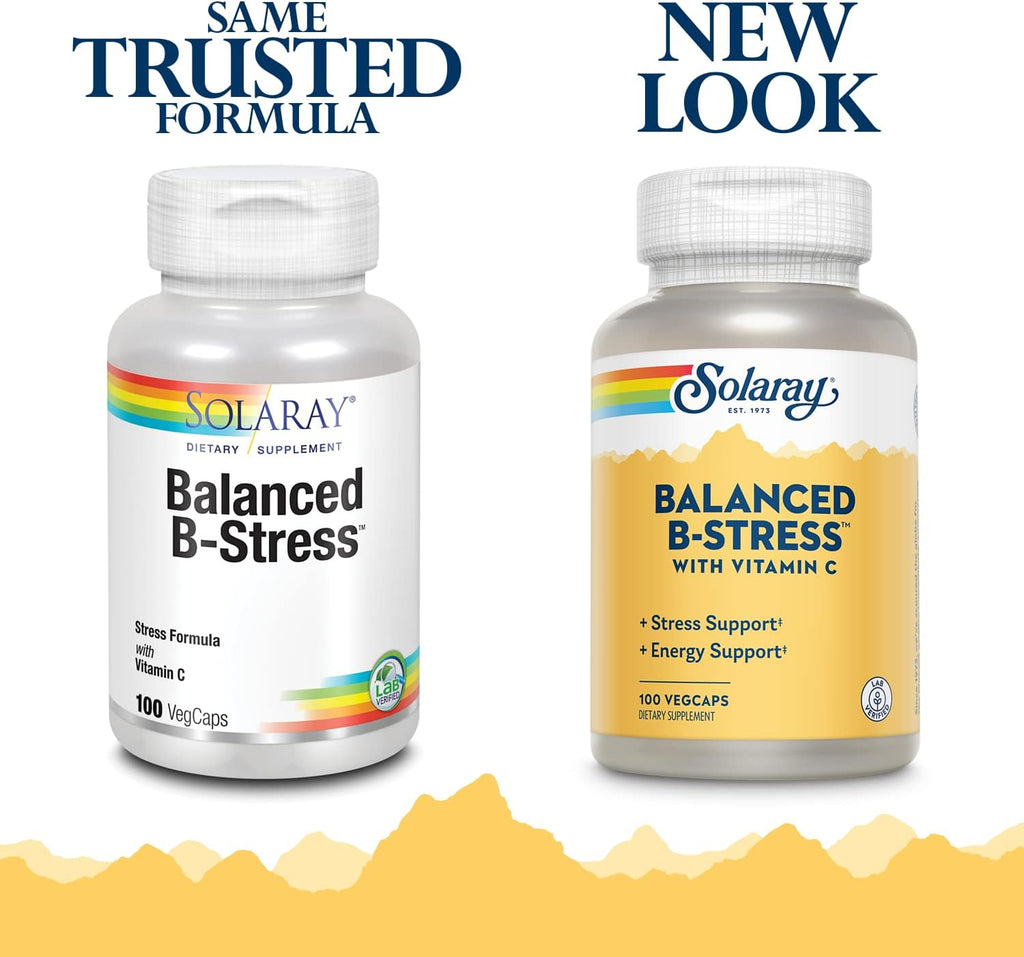 SOLARAY Balanced B Stress con Vitamina C - Complejo B para Energía y Estrés - 100 Cápsulas Veganas