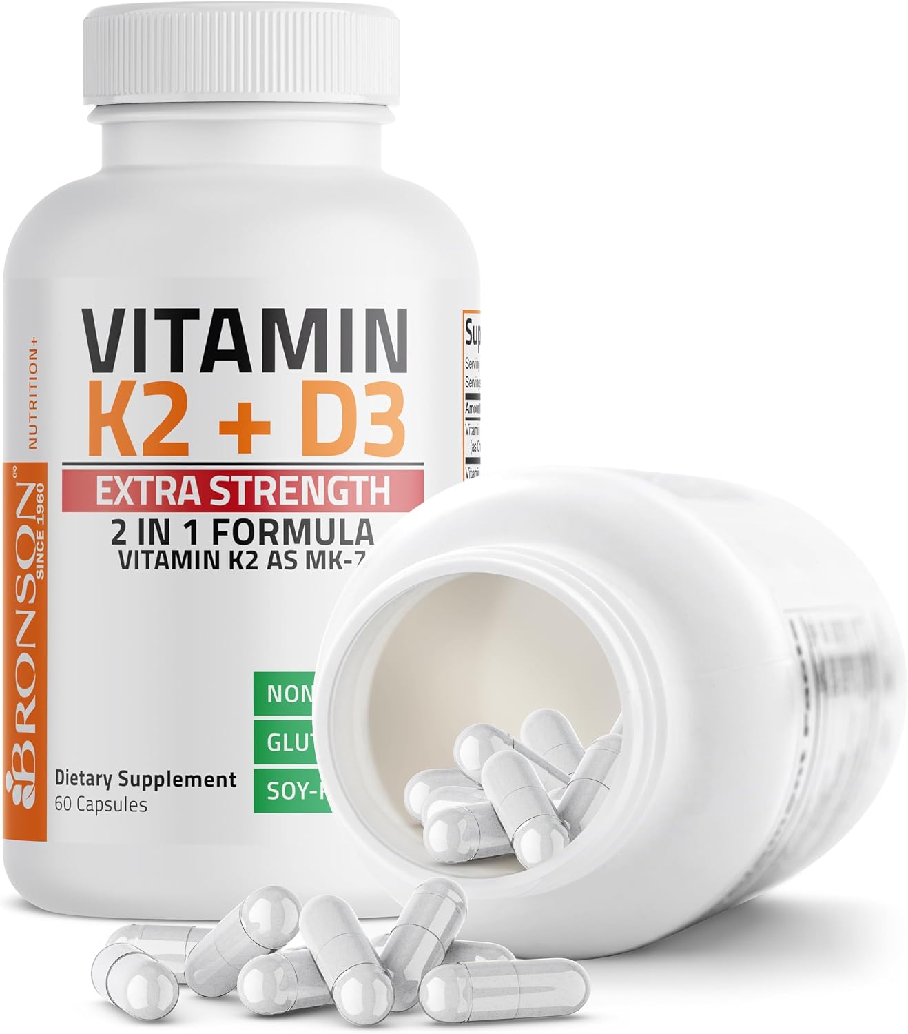 Bronson Vitamina K2 (MK-7) con D3 Extra Strength - 10.000 UI D3 + 120 mcg MK-7, 60 cápsulas