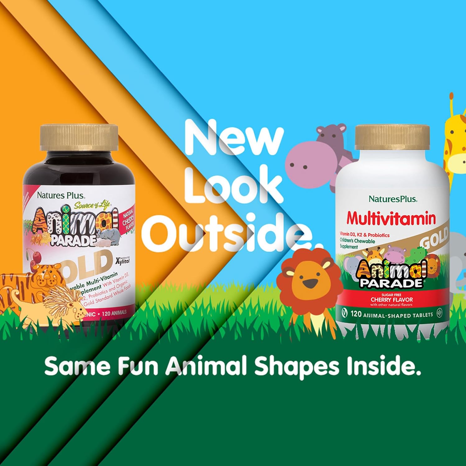 NaturesPlus Animal Parade Gold Multivitamínico Masticable para Niños - Sabor Cereza Natural - 120 Comprimidos (Envase de 2) - Con Vitamina D3, K2 y Probióticos