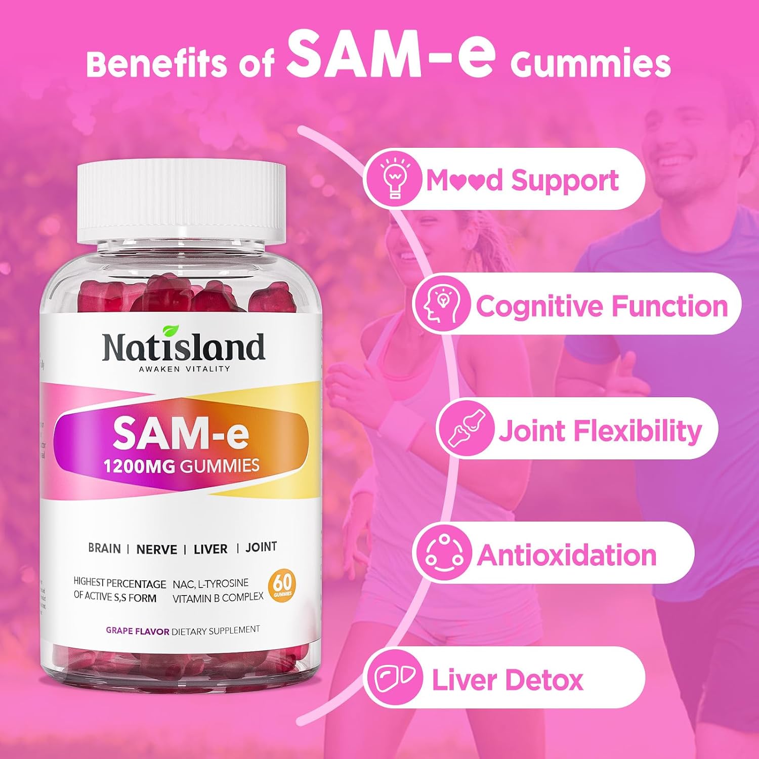 NATISLAND SAM-e con L-Tirosina y Complejo B Metilado Gominolas, 1200mg, 60 unidades