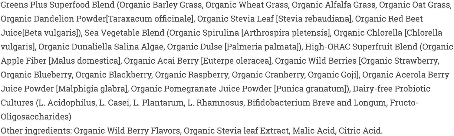 Greens+ Organic Wild Berry Superfood Powder - Suplemento vegano con antioxidantes, energía y vitalidad (240 g)