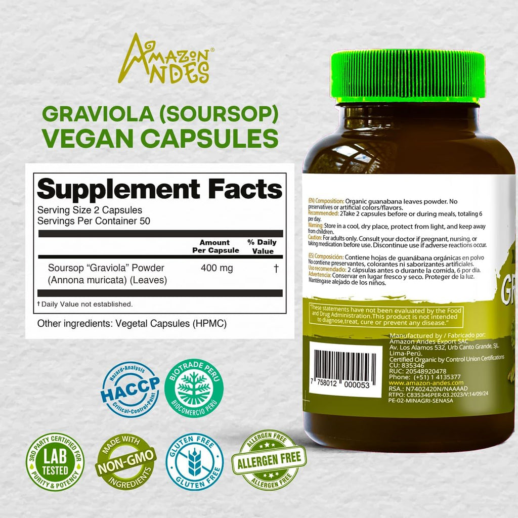 Amazon Andes Graviola Orgánica Cápsulas 400mg - 100 Cápsulas Vegetarianas - Annona Muricata de Perú
