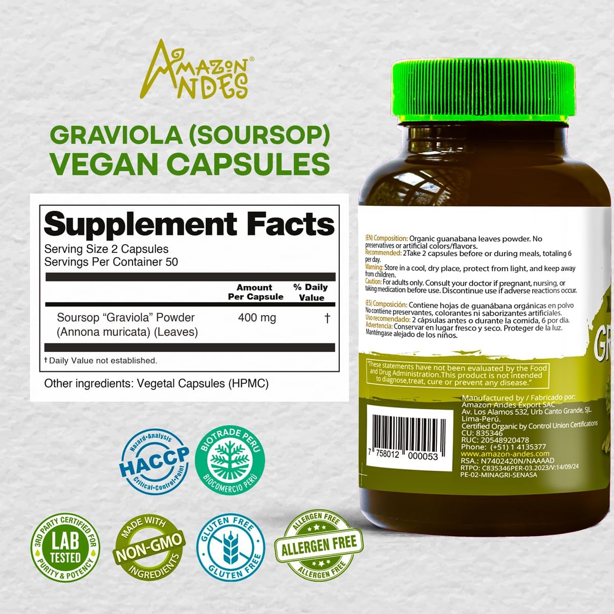Amazon Andes Graviola Orgánica Cápsulas 400mg - 100 Cápsulas Vegetarianas - Annona Muricata de Perú