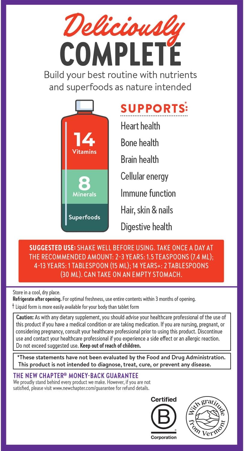 New Chapter Multivitamínico Líquido + Minerales - Apoyo Corporal Integral para Adultos, Adolescentes y Niños 2+ - 22 Vitaminas y Minerales Esenciales - Fácil Absorción - Sabor Naranja Mango - 887 ml
