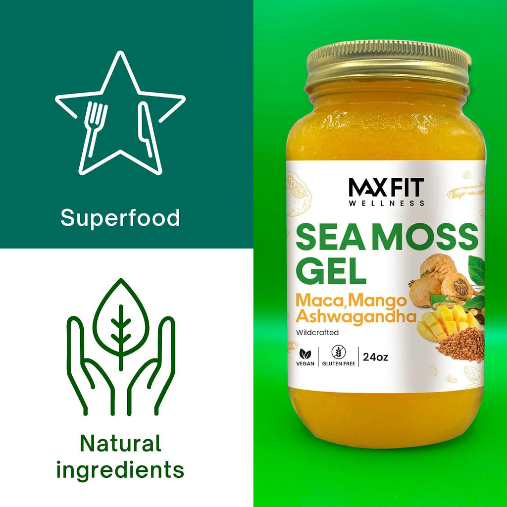 MAX FIT Gel de Sea Moss con Maca y Ashwagandha – 24 oz (680 g) – Silvestre de Santa Lucía – 92 Vitaminas y Minerales – Puro y No GMO