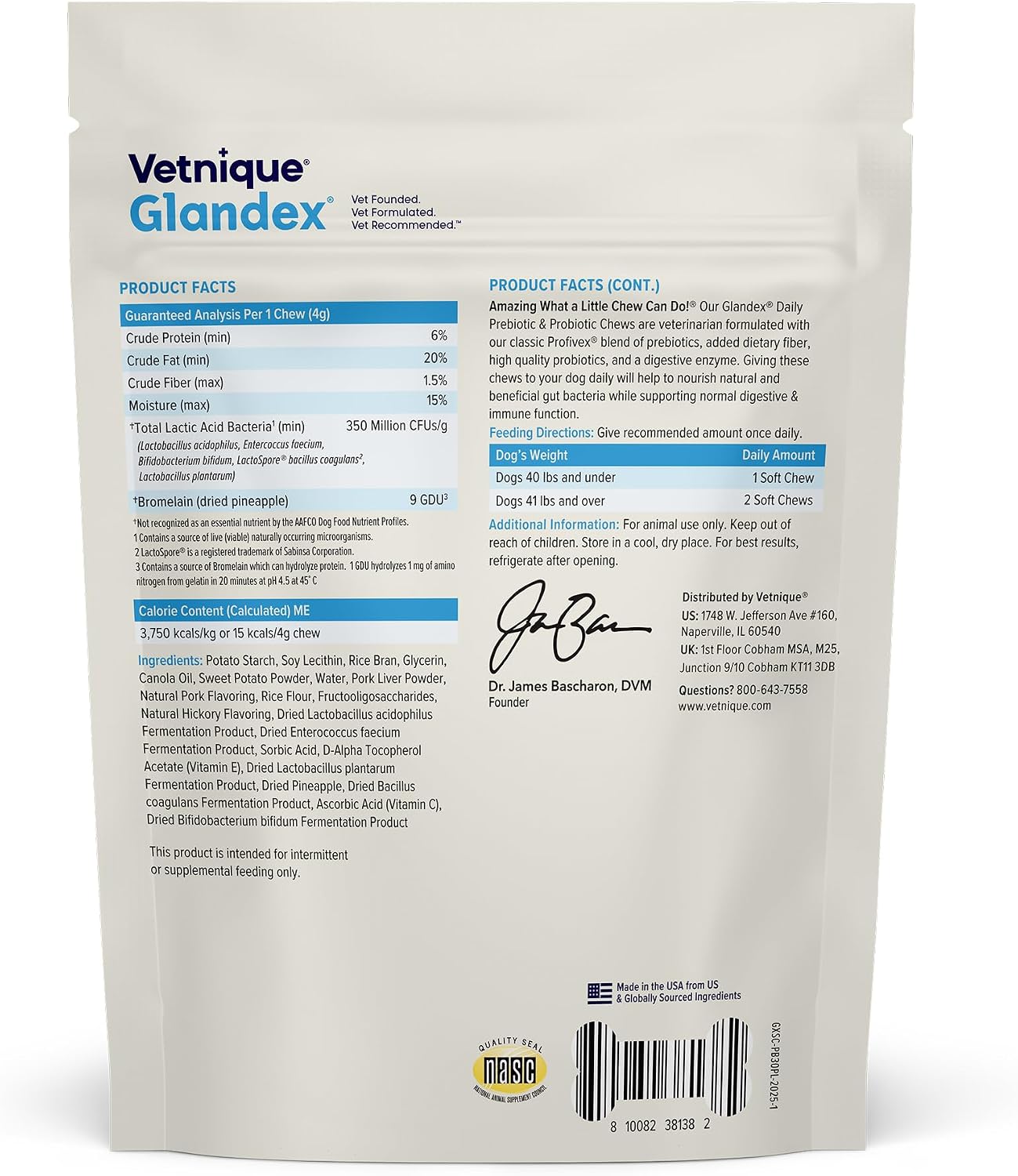 Vetnique Glandex Probióticos Masticables para Perros - 5 Cepas, Prebióticos y Enzimas Digestivas - Salud Intestinal e Inmunológica - 30 Masticables