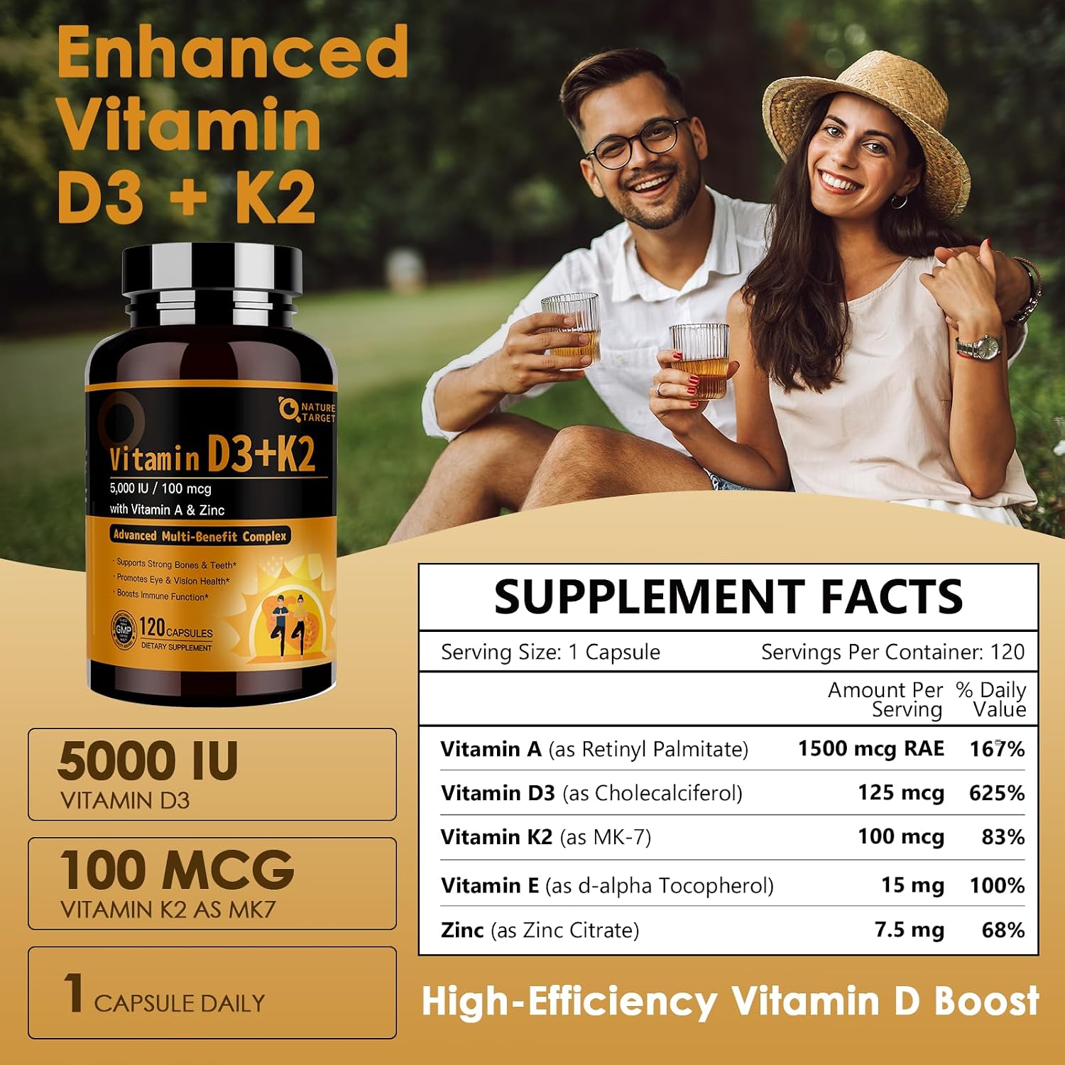 NATURE TARGET Complejo Vitamina D3 K2 con A, E y Zinc - 5000 UI, 100 mcg - 120 Cápsulas