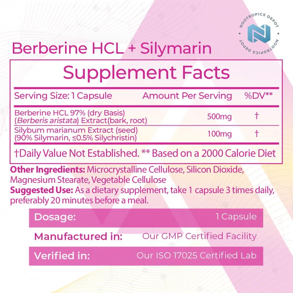 Nootropics Depot Berberine HCL + Silymarin Cápsulas | 500mg + 90mg | 60 Unidades