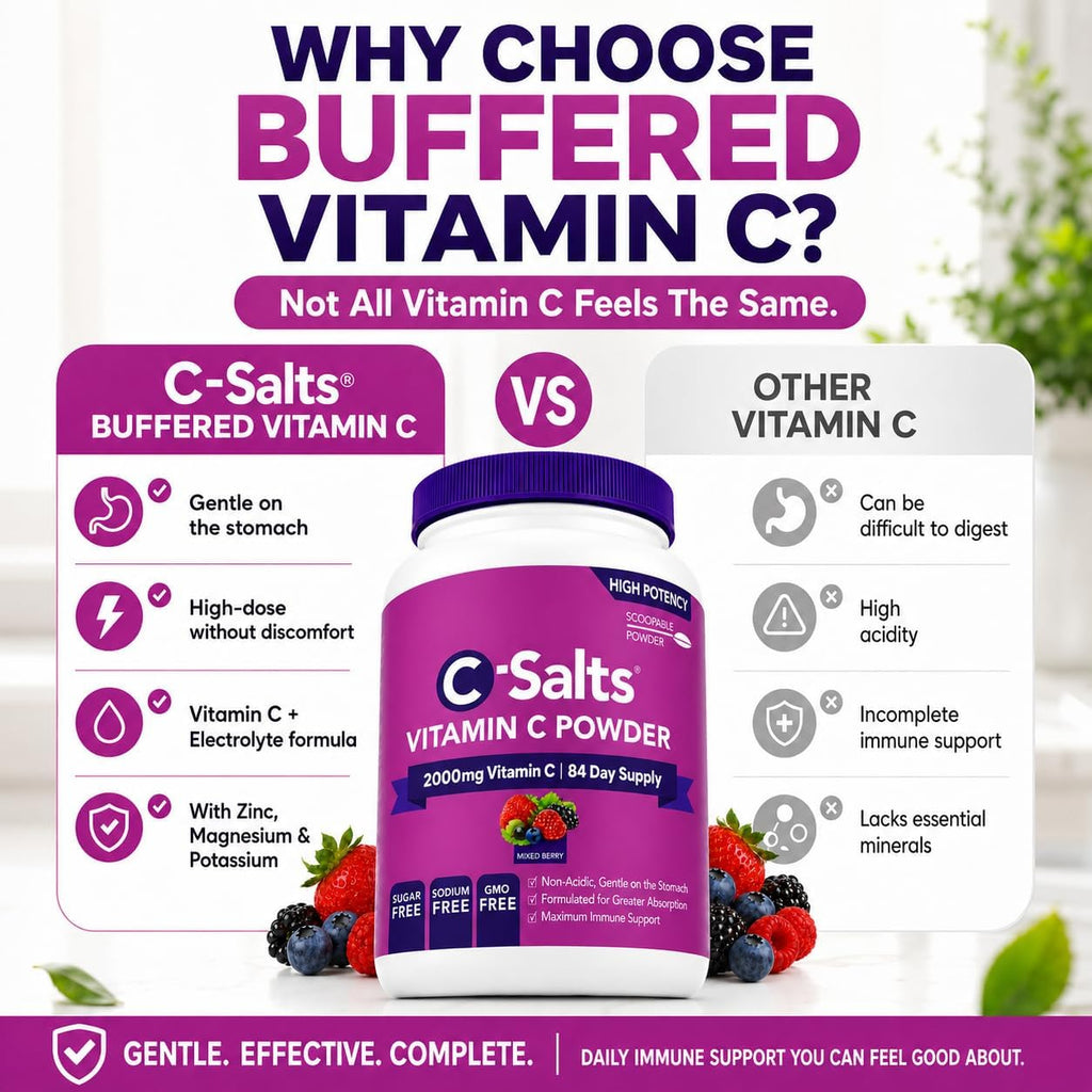 C-Salts Vitamina C en Polvo Tamponada - Orgánica, Suave para el Estómago - 4000mg por Ración - Sabor Frutos del Bosque - 735g (26oz) - 272 Porciones - Vegano, Sin Gluten, Sin Azúcar