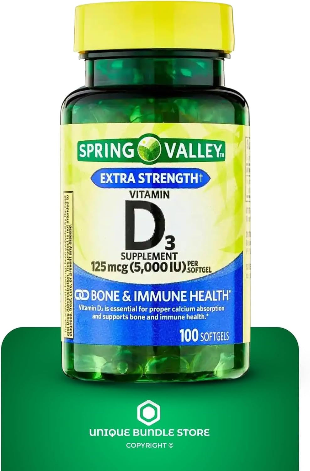 Vitamina D3 5000 IU (125 mcg) – 100 Cápsulas Blandas, Alta Potencia, Apoyo Óseo e Inmune