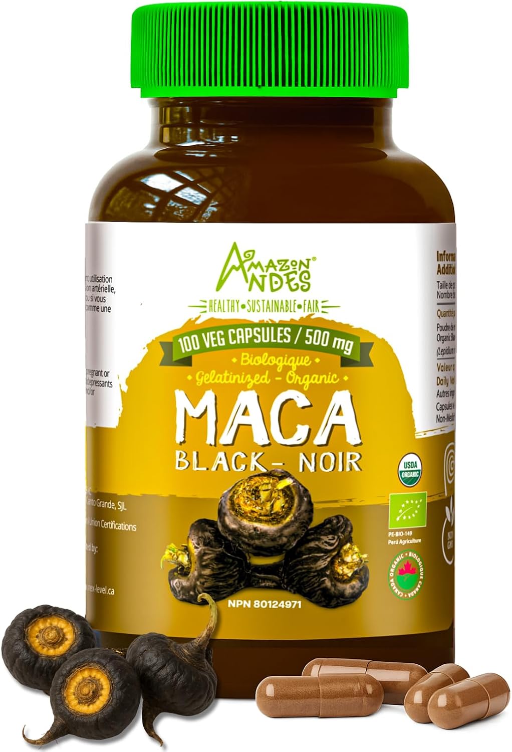 Cápsulas de Maca Negra Orgánica - 1500 mg por Dosis - Vegano y Sin Gluten